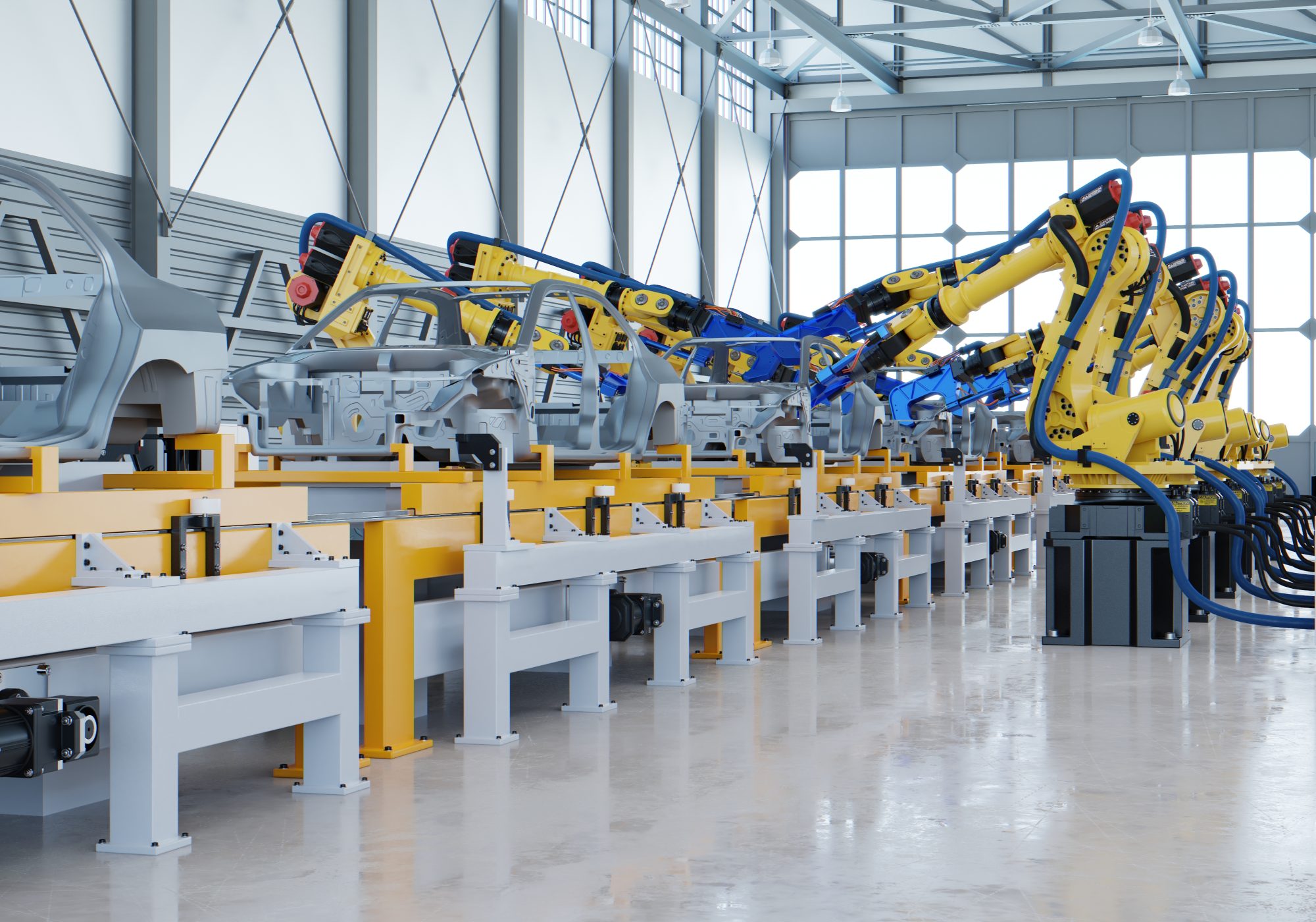 Robotic automotive assembly in factory.3D Rendering